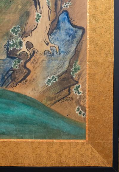 Six Panel Screen Glorious Painting of Lord Genji Gazing Out Over Lake Biwa