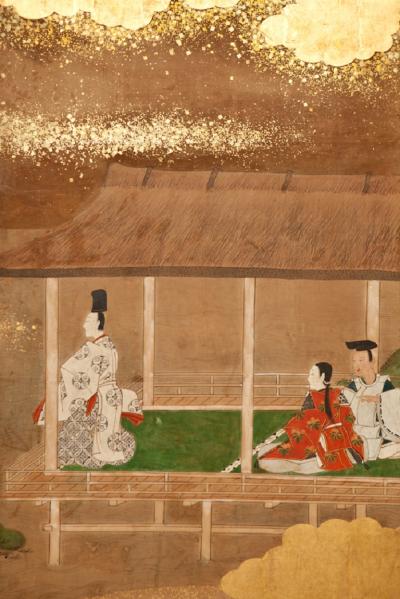 Six Panel Screen Glorious Painting of Lord Genji Gazing Out Over Lake Biwa