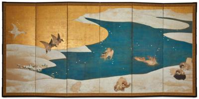 Six Panel Screen Snow Scene of Mallards in Winter Landscape
