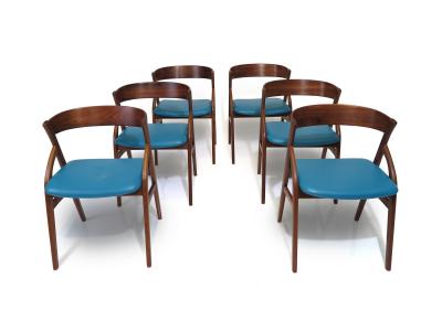 Six Rosewood Danish Dining Chairs in Blue Leather