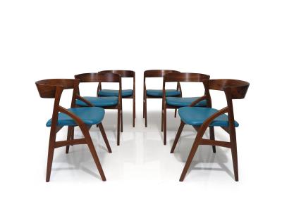 Six Rosewood Danish Dining Chairs in Blue Leather