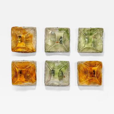 Six Square Amber and Green Murano Glass Wall Sconces Italy 1970s