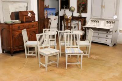Six Swedish Gustavian Style 1850s Painted Wood Side Chairs with Carved Rosettes