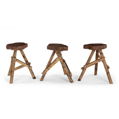 Six Wooden Bamboo Tripod Base Stools