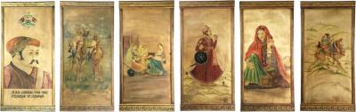 Six decorative lacquered panels with Hindu paintings circa 1920