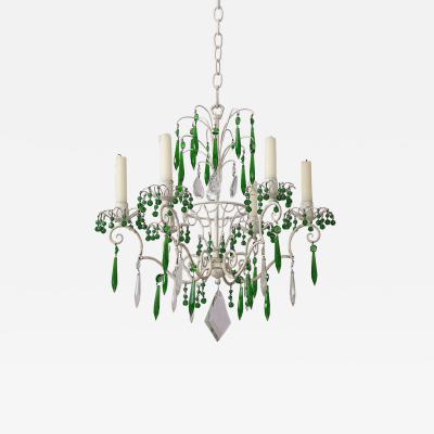 Six light ceiling light in painted tole with green and clear crystal drops