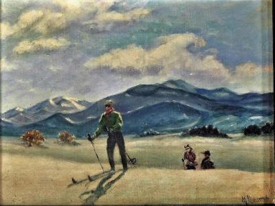 Skiing in Sun Valley Oil Painting on Canvas Signed M Abrams Circa 1938