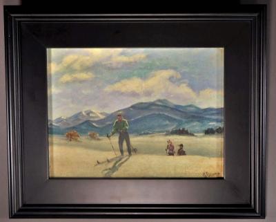 Skiing in Sun Valley Oil Painting on Canvas Signed M Abrams Circa 1938