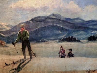 Skiing in Sun Valley Oil Painting on Canvas Signed M Abrams Circa 1938