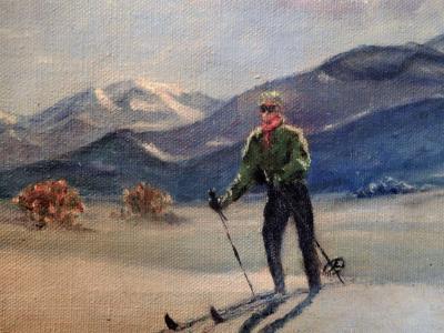 Skiing in Sun Valley Oil Painting on Canvas Signed M Abrams Circa 1938