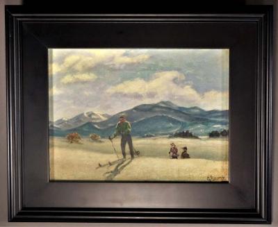 Skiing in Sun Valley Oil Painting on Canvas Signed M Abrams Circa 1938