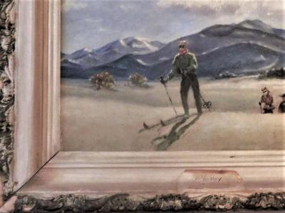 Skiing in Sun Valley Oil Painting on Canvas Signed M Abrams Circa 1938