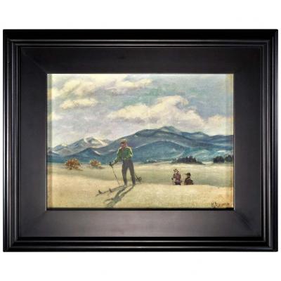 Skiing in Sun Valley Oil Painting on Canvas Signed M Abrams Circa 1938