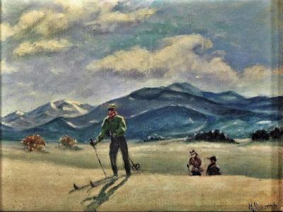 Skiing in Sun Valley Oil Painting on Canvas Signed M Abrams Circa 1938