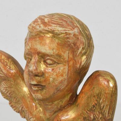 Small 18th Century French Baroque Carved Giltwood Angel Head on Wings