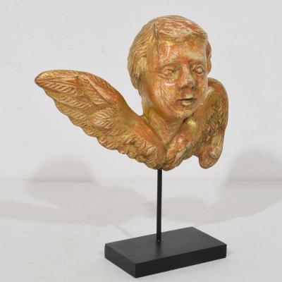Small 18th Century French Baroque Carved Giltwood Angel Head on Wings