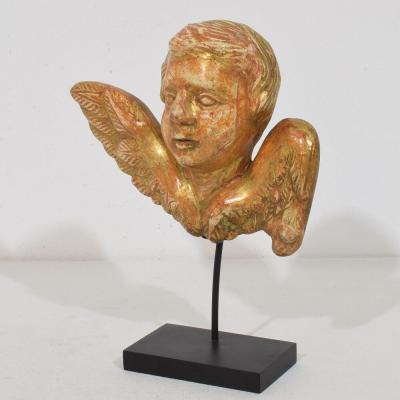 Small 18th Century French Baroque Carved Giltwood Angel Head on Wings