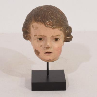 Small 18th Century Italian Carved Wooden Head with Glass Eyes