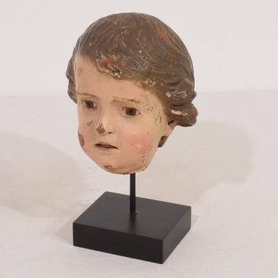 Small 18th Century Italian Carved Wooden Head with Glass Eyes