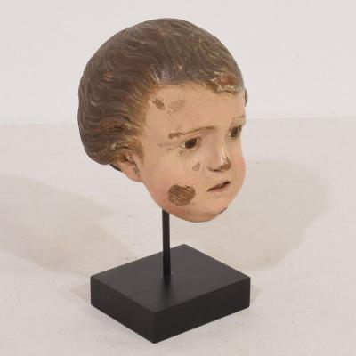 Small 18th Century Italian Carved Wooden Head with Glass Eyes