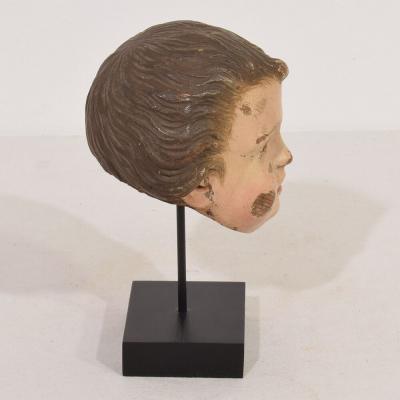 Small 18th Century Italian Carved Wooden Head with Glass Eyes