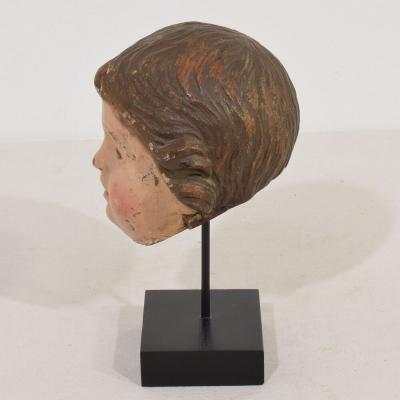 Small 18th Century Italian Carved Wooden Head with Glass Eyes