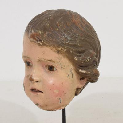 Small 18th Century Italian Carved Wooden Head with Glass Eyes