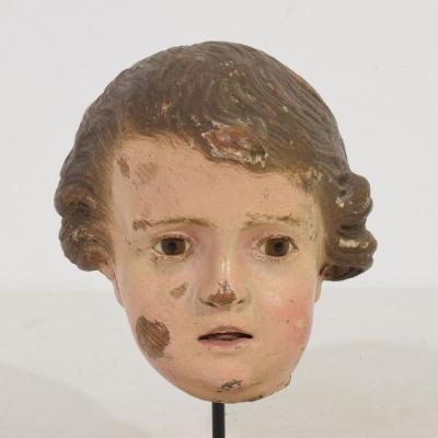 Small 18th Century Italian Carved Wooden Head with Glass Eyes