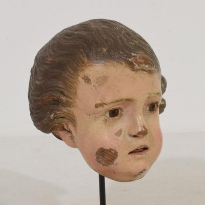 Small 18th Century Italian Carved Wooden Head with Glass Eyes