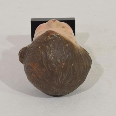 Small 18th Century Italian Carved Wooden Head with Glass Eyes