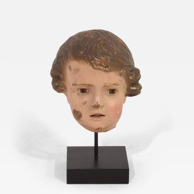 Small 18th Century Italian Carved Wooden Head with Glass Eyes
