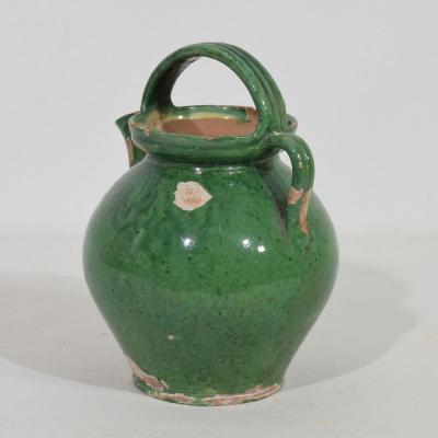 Small 19th Century French Green Glazed Terracotta Jug or Water Cruche