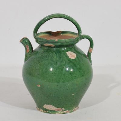 Small 19th Century French Green Glazed Terracotta Jug or Water Cruche
