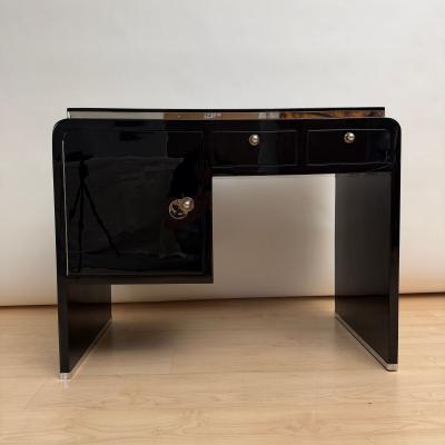Small Art Deco Desk Black Lacquer Nickel Birds Eye Maple France circa 1930