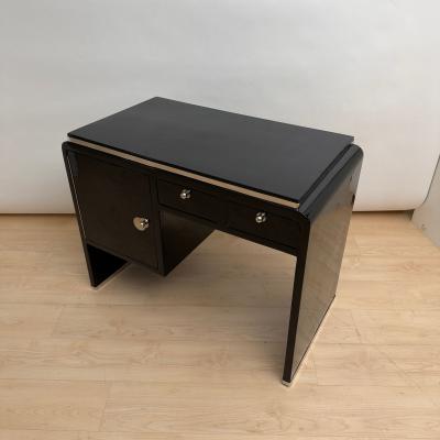 Small Art Deco Desk Black Lacquer Nickel Birds Eye Maple France circa 1930