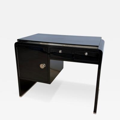 Small Art Deco Desk Black Lacquer Nickel Birds Eye Maple France circa 1930