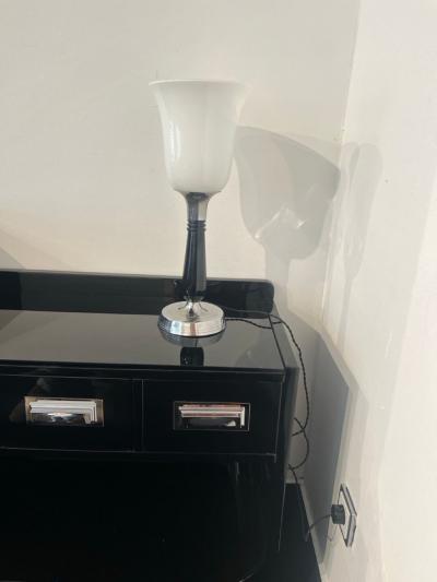 Small Art Deco Table Lamp Black Lacquer and Chrome Glass France circa 1930