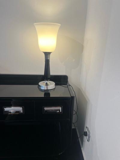 Small Art Deco Table Lamp Black Lacquer and Chrome Glass France circa 1930