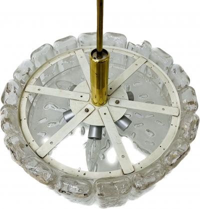 Small Circular German Mid Century Modern Ice Glass Chandelier Pendant 1970s