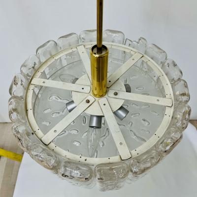 Small Circular German Mid Century Modern Ice Glass Chandelier Pendant 1970s