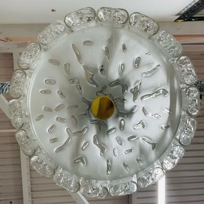 Small Circular German Mid Century Modern Ice Glass Chandelier Pendant 1970s