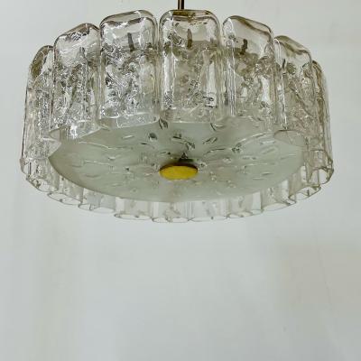 Small Circular German Mid Century Modern Ice Glass Chandelier Pendant 1970s