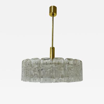 Small Circular German Mid Century Modern Ice Glass Chandelier Pendant 1970s
