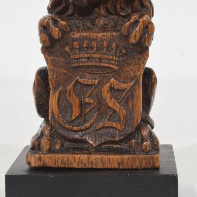 Small Hand Carved Oak Lion Sculpture with Coat of Arms France Circa 1650 1750