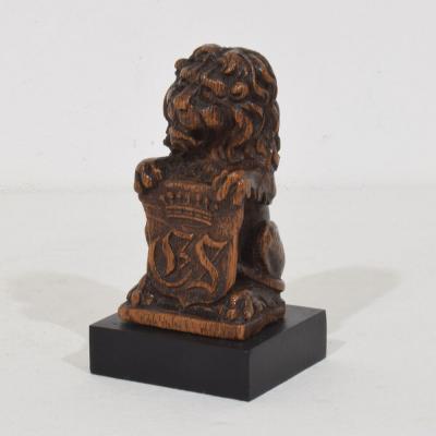 Small Hand Carved Oak Lion Sculpture with Coat of Arms France Circa 1650 1750