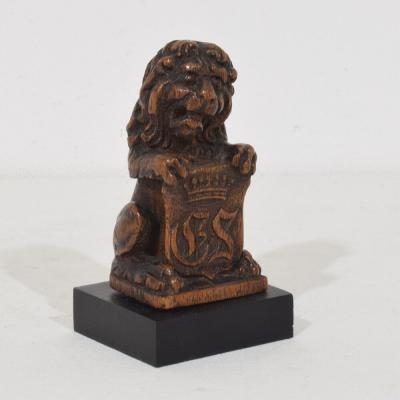 Small Hand Carved Oak Lion Sculpture with Coat of Arms France Circa 1650 1750