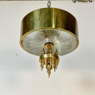 Small Hollywood Regency Style Brass Pendant Chandelier Starburst Etched Glass