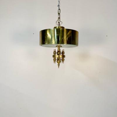Small Hollywood Regency Style Brass Pendant Chandelier Starburst Etched Glass