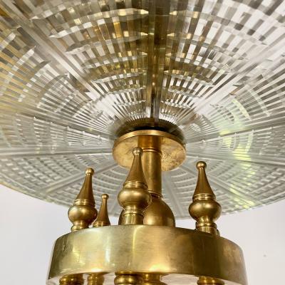 Small Hollywood Regency Style Brass Pendant Chandelier Starburst Etched Glass