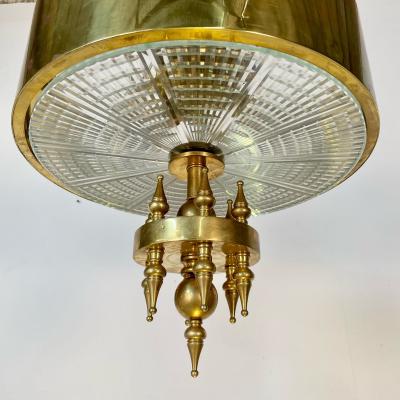Small Hollywood Regency Style Brass Pendant Chandelier Starburst Etched Glass